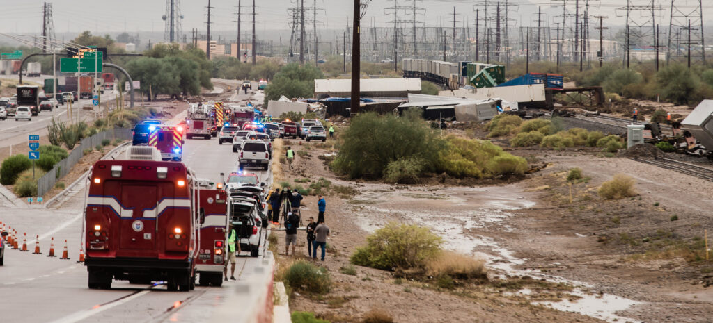 Train derailment scene in southern Arizona