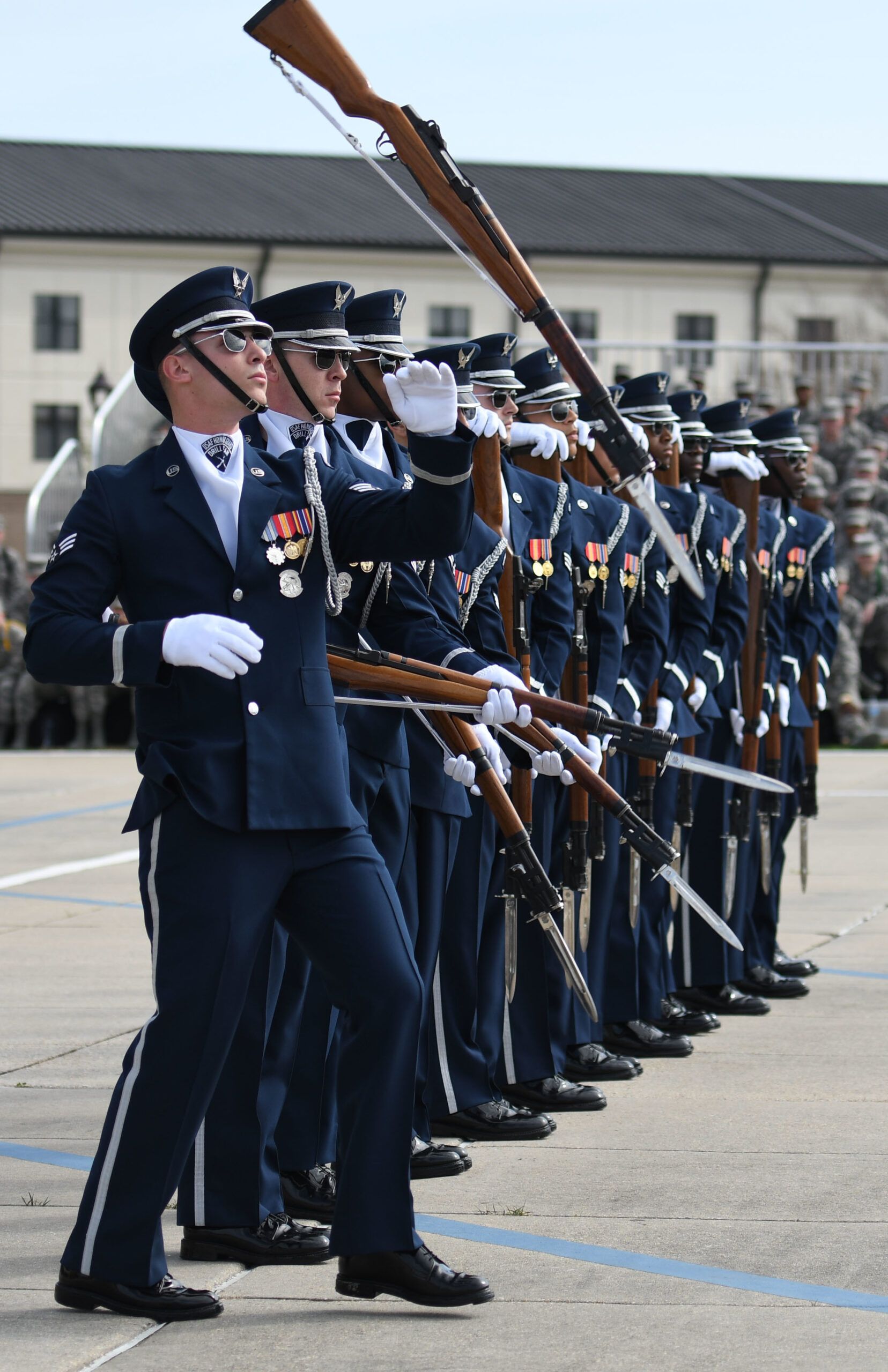 The US Air Force Honor Guard Drill Team shows off skill and precision with rifle drill demonstration.